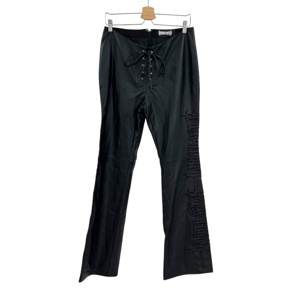 Dolls Kill Darker Wavs Leather Flared Pants Lace-Up Embroidered Black Size Large